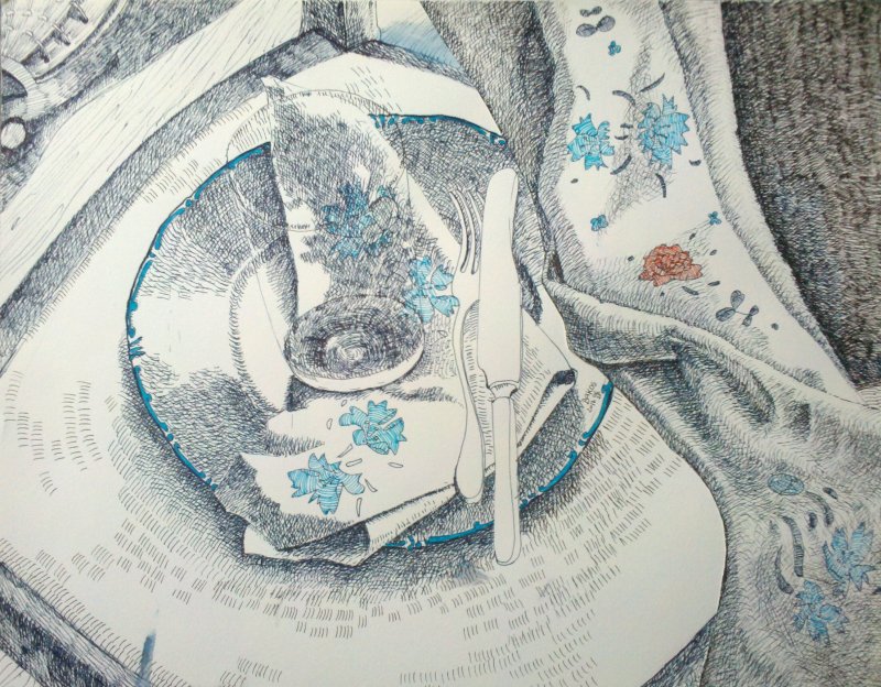 blue bottle, knife and plate-0